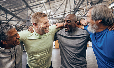 Buy stock photo Smile, hug or mature men in workout gym, training exercise or healthcare wellness in success celebration. Happy friends, elderly or embrace in fitness teamwork, collaboration or diversity community