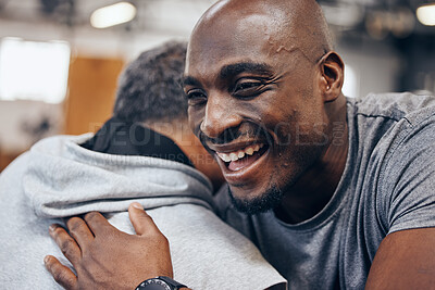 Buy stock photo Black man, friends and hug in fitness for exercise, workout or training class together at the gym. Happy African American male hugging friend in celebration for healthy wellness or cardio achievement