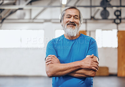 Buy stock photo Motivation, fitness and portrait of Asian man in gym with crossed arms for muscles, wellness and cardio workout. Smile, healthy body and face of senior male after training, exercise and sports goals