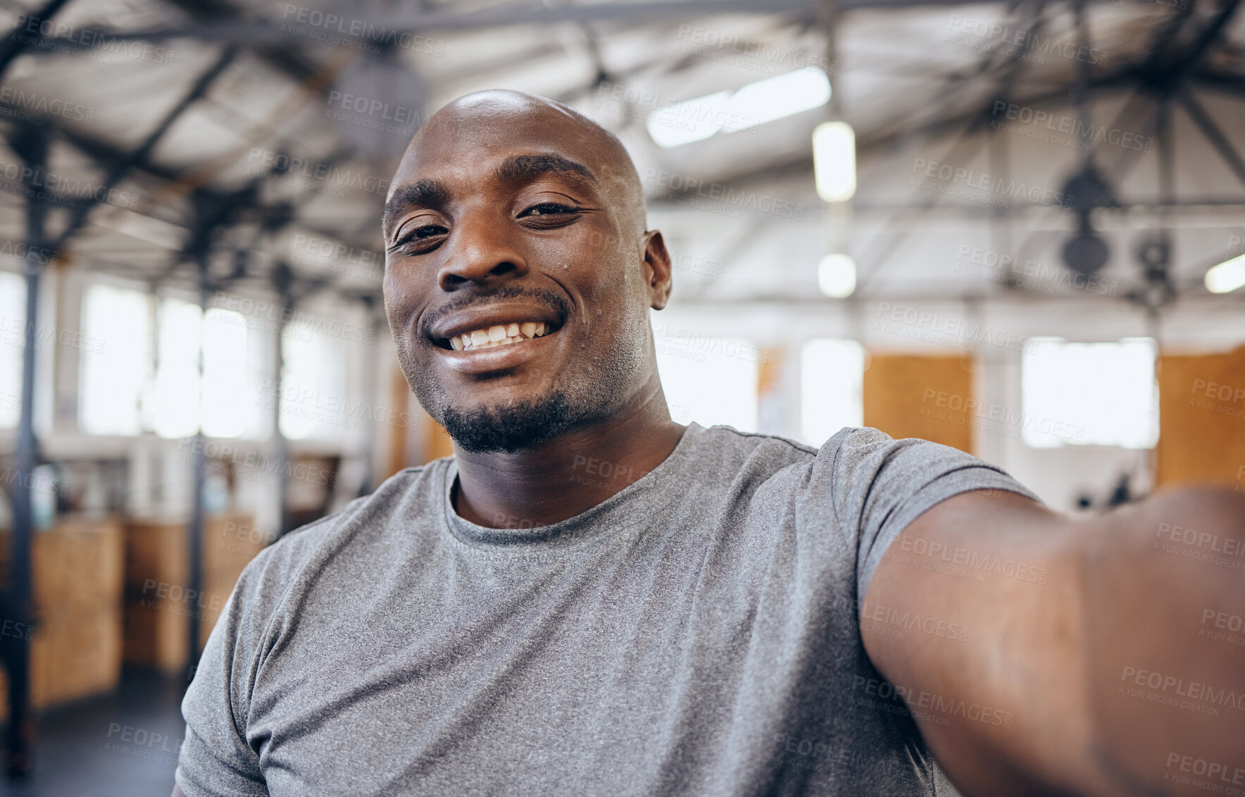 Buy stock photo Gym, exercise and selfie portrait of black man smile for motivation, wellness and bodybuilder workout. Smile, strong muscles and face of male athlete take picture for training, sports and fitness