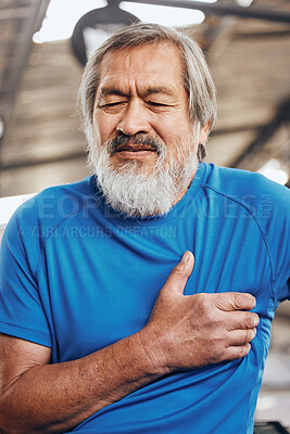 Buy stock photo Sports, gym and old man with pain in chest, medical emergency during workout at fitness studio. Exercise, health and wellness, stressed asian senior person with hand on heart while training in Japan.