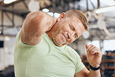 Buy stock photo Neck pain, fitness and bodybuilder man in gym for training, workout and challenge exercise with medical risk. Injury, muscle and strong person or athlete with sports accident, arthritis or shoulder