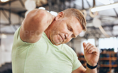 Buy stock photo Accident, fitness and man with neck pain from training, gym stress and burnout from body building. Tired, mistake and bodybuilder with a spine or muscle injury after exercise, workout or cardio