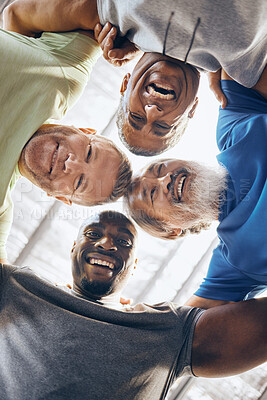 Buy stock photo Low angle, portrait or fitness huddle of men in workout gym, training exercise or healthcare wellness in bonding. Happy friends, mature or hug in sports teamwork, collaboration or diversity community