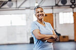 Senior, black woman and gym portrait of a person happy about fitness, training and exercise. Sports, happy and pilates studio of mature female with arms crossed proud about wellness and health