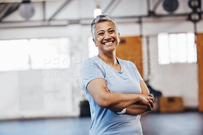 Buy stock photo Senior, black woman and gym portrait of a person happy about fitness, training and exercise. Sports, happy and pilates studio of mature female with arms crossed proud about wellness and health