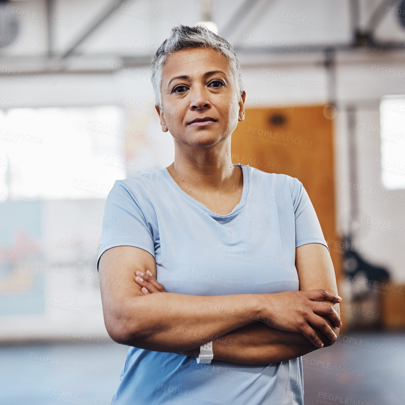Buy stock photo Senior woman, fitness and portrait at gym  after exercise, training or workout. Serious old person with arms crossed for health, wellness and motivation or commitment for healthy lifestyle goals