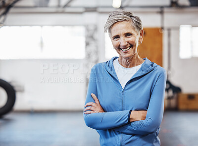 Buy stock photo Senior woman, gym and portrait of a person happy about fitness, training and exercise with mockup. Sports, happy and pilates studio of mature female with arms crossed proud about wellness and health
