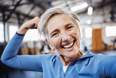 Senior woman, flex and smile for selfie or profile picture in exercise, workout or muscle training at the gym. Portrait of happy elderly female face in fitness smiling for vlog, social media or post