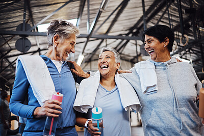 Buy stock photo Sports, fitness and health with senior women for training, support and motivation. Retirement, wellness and exercise with group of friends in gym center for workout, cardio and happiness together 