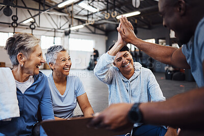 Buy stock photo Fitness, senior women and personal trainer high five for health, routine and workout at a gym. Exercise, elderly and friends with health coach man hands connecting in support of goal collaboration