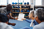 Senior friends, fitness and gym personal trainer contract with elderly women ready for wellness. Sports, exercise and workout group with happiness and smile in sport training gym for pilates or yoga