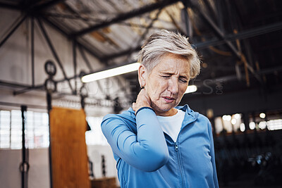 Buy stock photo Neck pain, senior woman and injury in gym after exercise, workout or training accident. Sports, wellness and elderly female with fibromyalgia, inflammation or painful muscles after exercising alone.