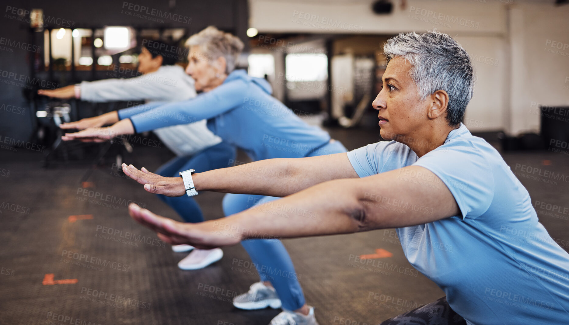 Buy stock photo Teamwork, exercise and senior women stretching arms in gym for flexibility, health and wellness. Sports, training or group of elderly retired female friends workout or exercising together for fitness