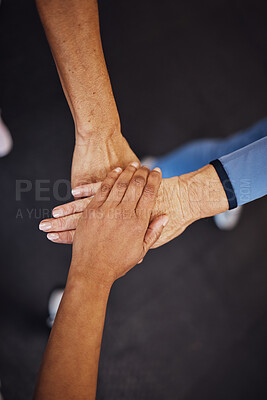 Buy stock photo Teamwork, top view and senior women hands together for team building, motivation and unity. Support, collaboration and group of elderly friends huddle for trust, union or solidarity, goals or targets