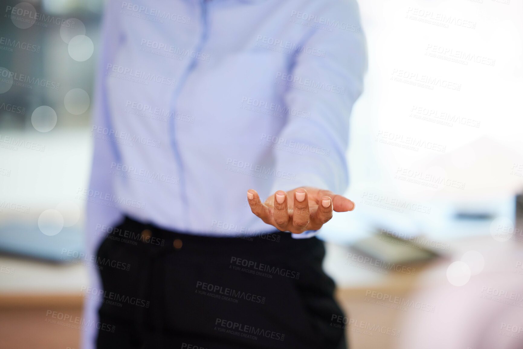 Buy stock photo Empty, hands and business woman offer, product placement or invisible design for ai, futuristic or 3d model in office. Professional person, employee or worker with hand gesture and mockup space