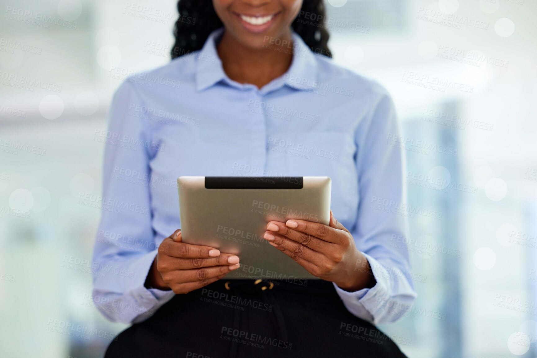 Buy stock photo Happy business woman, hands or tablet of financial business growth, savings data analytics or investment management. Zoom, finance or worker on technology for finance budget review or future research