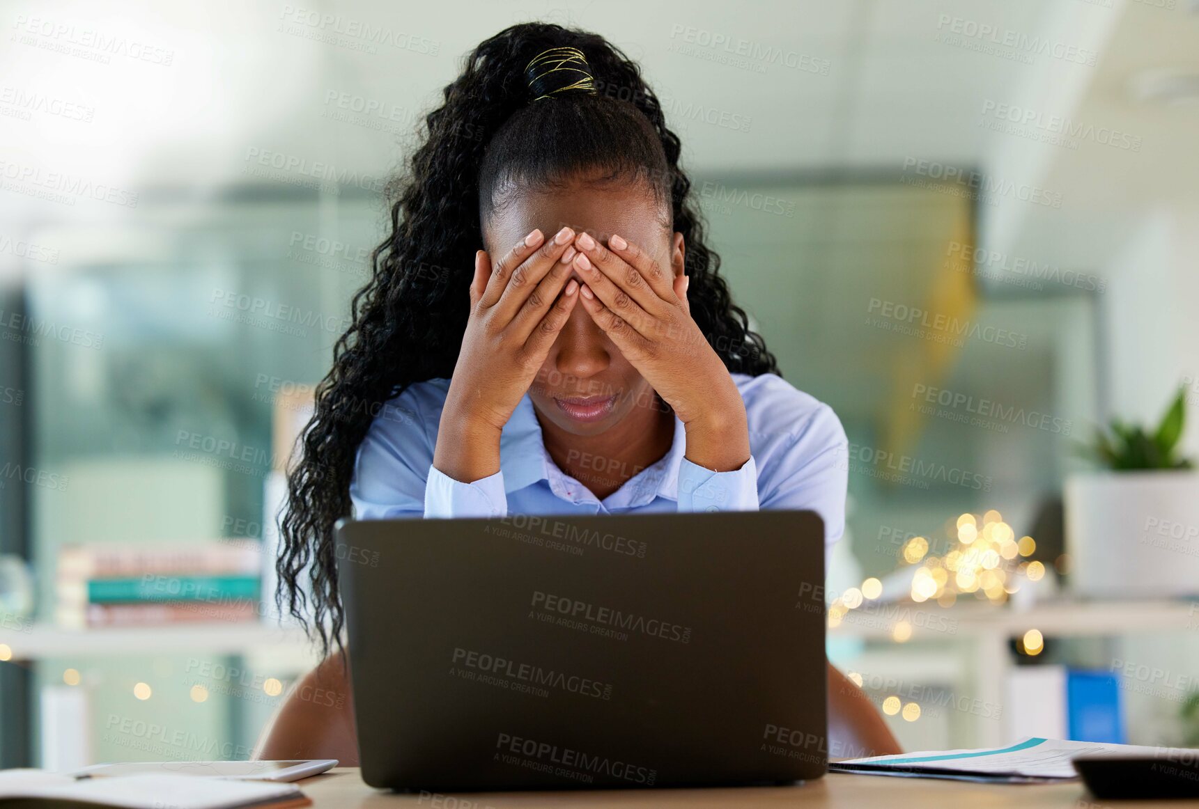 Buy stock photo Black woman, laptop or stress in financial loss, company budget or stock market mistake in business office. Anxiety, worry or burnout for finance worker on technology, investment fintech or tax audit