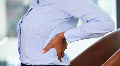 Buy stock photo Business woman, back pain and fatigue while on a office chair stretching or massage while tired or burnout. Anatomy or health problem of employee person with hands on body or spine injury accident