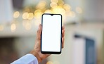 Advertising, mockup and phone screen in hand for marketing and branding online, internet or website. Business, person and smartphone display for app, chromakey or logo for text and product placement