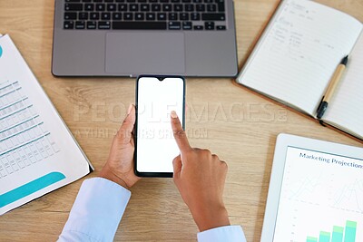 Buy stock photo Top view, hands or phone screen mockup for digital marketing logo, website branding space or advertising web design. Black woman, employee or mobile technology mock up of research or target audience