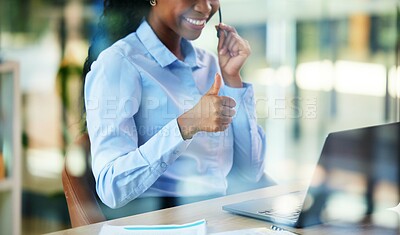 Buy stock photo Call center, video call and thumbs up with a business black woman consulting using a laptop for remote work. Customer service, hand and solution with a female consultant saying thank you in an office