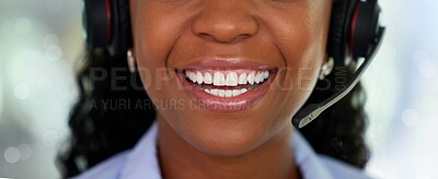 Buy stock photo Mouth, black woman and call center for customer service, support and telemarketing in CRM office. Face of receptionist person with teeth smile for communication, consulting and contact us help desk