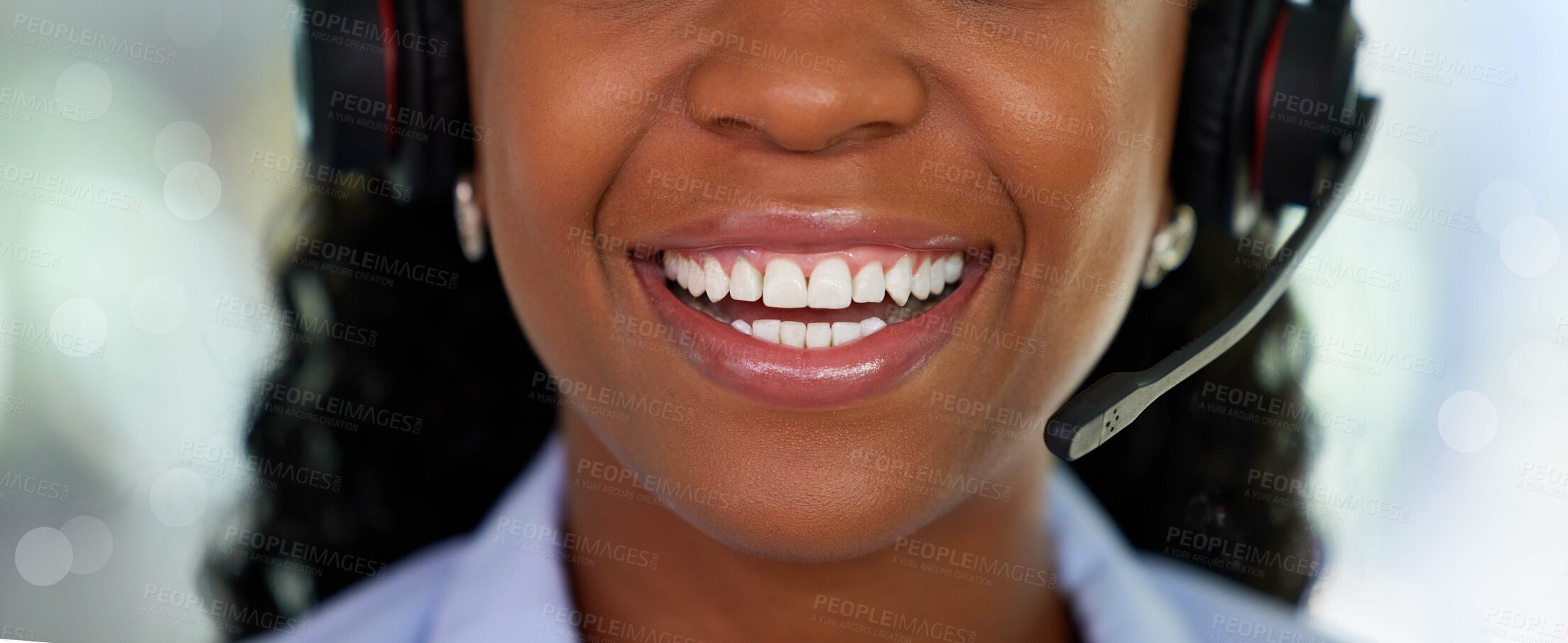 Buy stock photo Mouth, black woman and call center for customer service, support and telemarketing in CRM office. Face of receptionist person with teeth smile for communication, consulting and contact us help desk