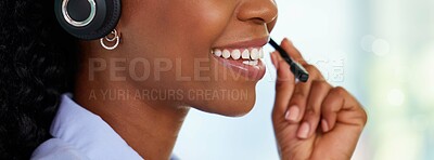 Buy stock photo Call center, black woman and mouth for customer service, support and telemarketing in CRM office. Consultant or receptionist person with teeth smile for communication, sales and contact us help desk