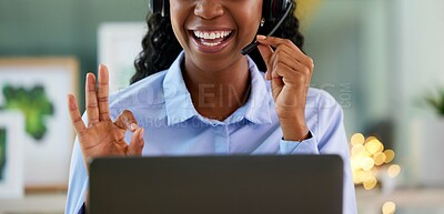 Buy stock photo Customer service, laptop and ok hand sign for support, sales or telemarketing in office. Face of receptionist or consultant person happy about communication, approved loan or contact us help desk