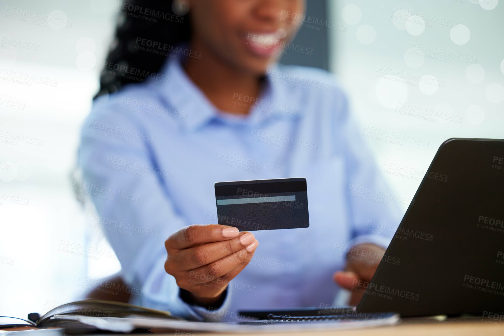 Buy stock photo Hands, credit card or laptop for online banking, investment management or company insurance on fintech business app.  Zoom, black woman or finance worker on technology for debit order or audit budget