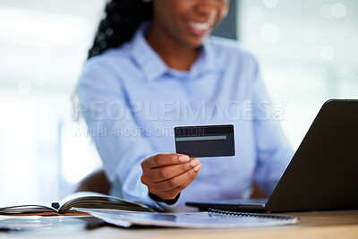 Buy stock photo Hands, credit card or laptop for online payment, investment banking or company insurance on fintech business app.  Zoom, black woman or finance worker on technology in debit order or financial budget