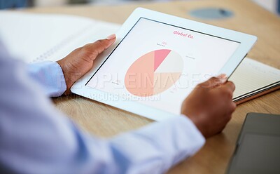 Buy stock photo Business woman, hands or tablet screen of data analytics, global growth research or target audience management. Zoom, worker or employee on technology of marketing statistics, kpi or pie chart review