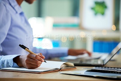 Buy stock photo Hands, writing or notebook for company budget, financial data or insurance accounting in business office. Zoom, black woman or calculating finance worker and notes, tax schedule or fintech technology