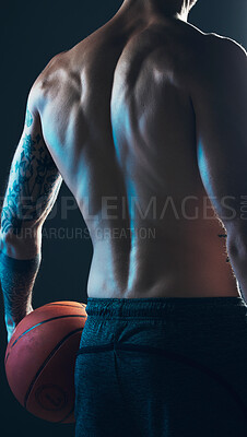 Sports, body and back of man with ball on black background, isolated with  neon blue light and basketball. Fitness, muscle and topless male model in  artistic dark studio for workout and gym