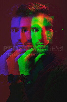 Buy stock photo Man, face and double exposure with portrait, fashion with watch and neon overlay isolated on studio background. Color, creative aesthetic and style, art and cosmetics, dark with special effects