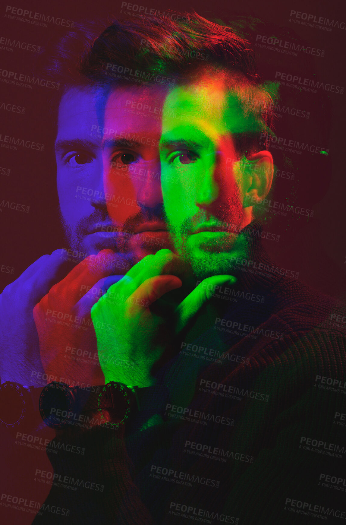 Buy stock photo Man, face and double exposure with portrait, fashion with watch and neon overlay isolated on studio background. Color, creative aesthetic and style, art and cosmetics, dark with special effects