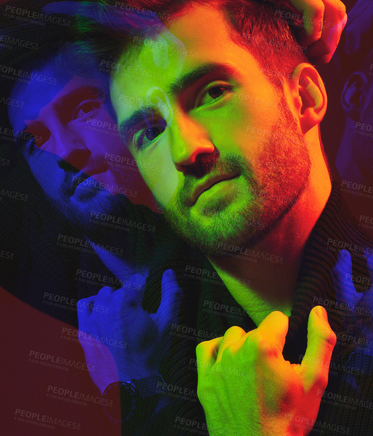 Buy stock photo Double exposure, cyberpunk and portrait of a man in color isolated on a dark background in studio. Futuristic, art and model in creative, neon and aesthetic lighting with overlay on a black backdrop