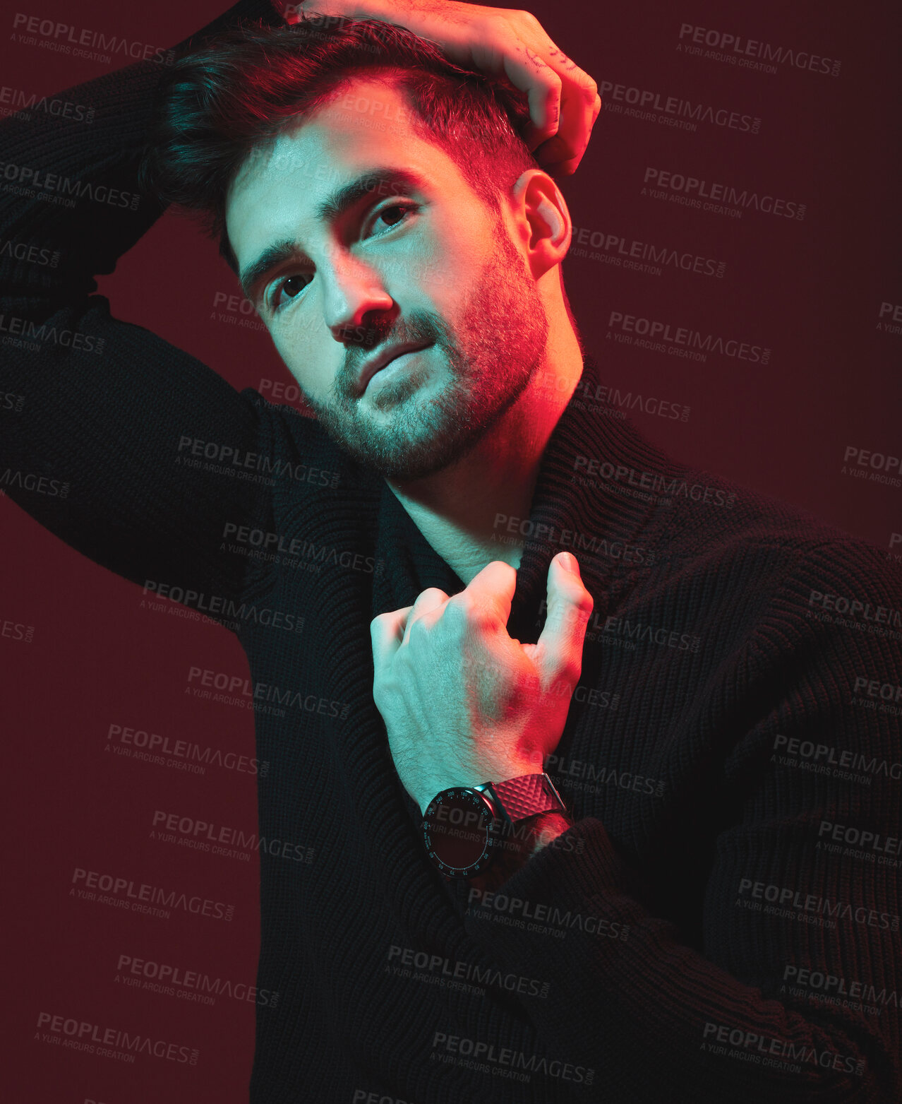 Buy stock photo Man, fashion portrait and studio with red light for clothes, beauty and luxury style on dark background. Face of aesthetic model person with turtle neck, art and cosmetics for inspiration for men