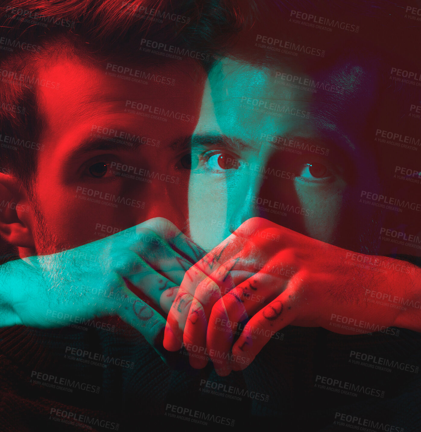 Buy stock photo Man, face and hands with double exposure, portrait with neon lighting and fashion overlay, dark with special effects. Color, creative aesthetic and style, art and cosmetics with reflection