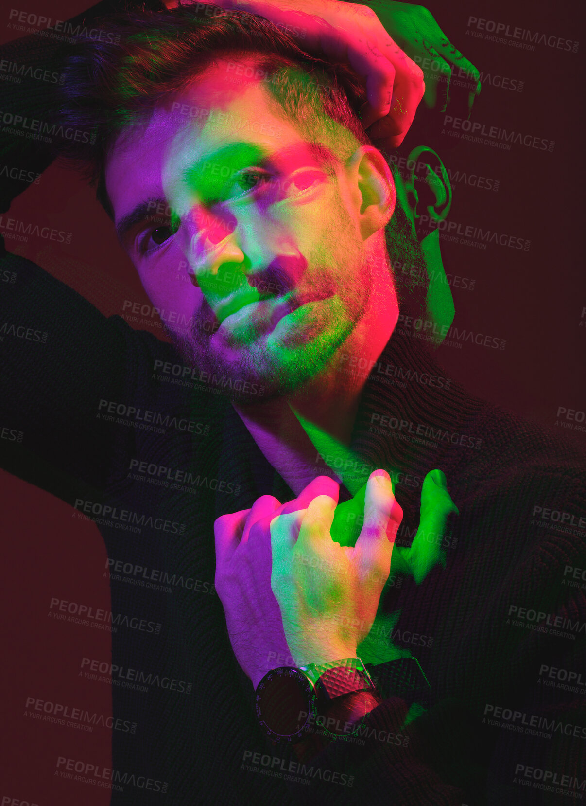 Buy stock photo Double exposure, futuristic and portrait of a man in color isolated on a dark background in studio. 3d, art and model in creative, neon and aesthetic lighting with overlay on a black backdrop