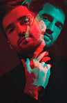 Man, face and double exposure with portrait, neon lighting and fashion with overlay isolated on studio background. Color, creative aesthetic and style, art and cosmetics, dark with special effects