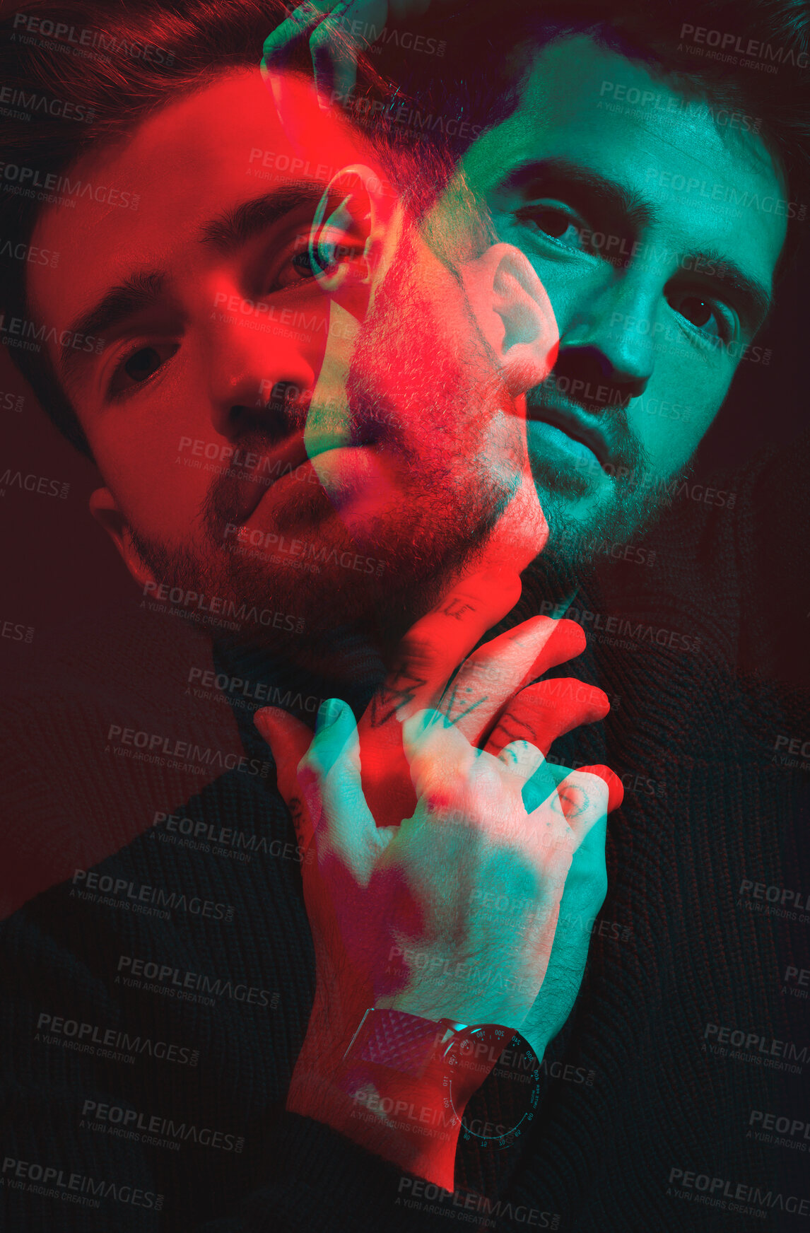 Buy stock photo Man, face and double exposure with portrait, neon lighting and fashion with overlay isolated on studio background. Color, creative aesthetic and style, art and cosmetics, dark with special effects