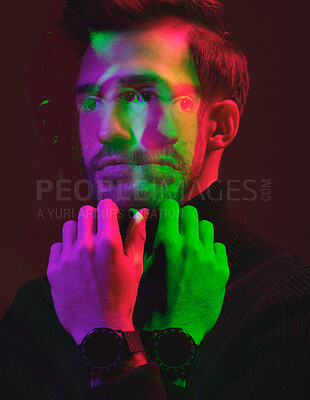 Buy stock photo Thinking, neon double exposure and face of man isolated in dark studio for vision, leadership and idea. Fashion model, creative art aesthetic and confident male in elegant, classy and stylish clothes