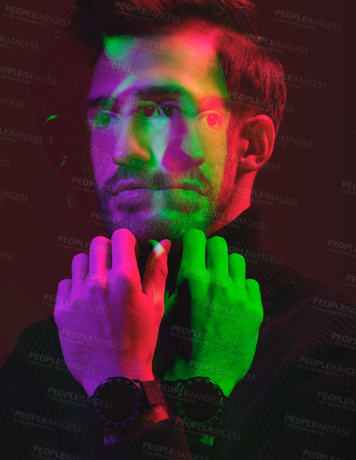 Buy stock photo Thinking, neon double exposure and face of man isolated in dark studio for vision, leadership and idea. Fashion model, creative art aesthetic and confident male in elegant, classy and stylish clothes