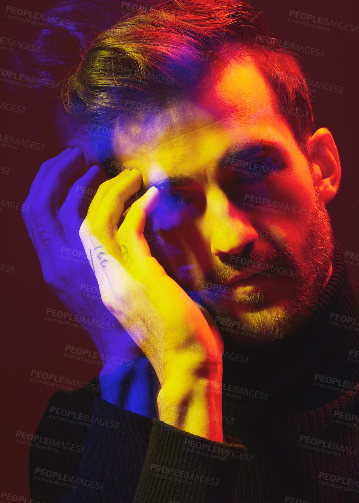 Buy stock photo Double exposure, color and portrait of a man with overlay isolated on a dark background in studio. Texture, design and face of a man with colorful art, creativity and futuristic person on a backdrop