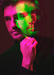 Double exposure, color and portrait of a man thinking isolated on a dark background in studio. Texture, design and face of a man with colorful overlay, creativity and digital concept on a backdrop