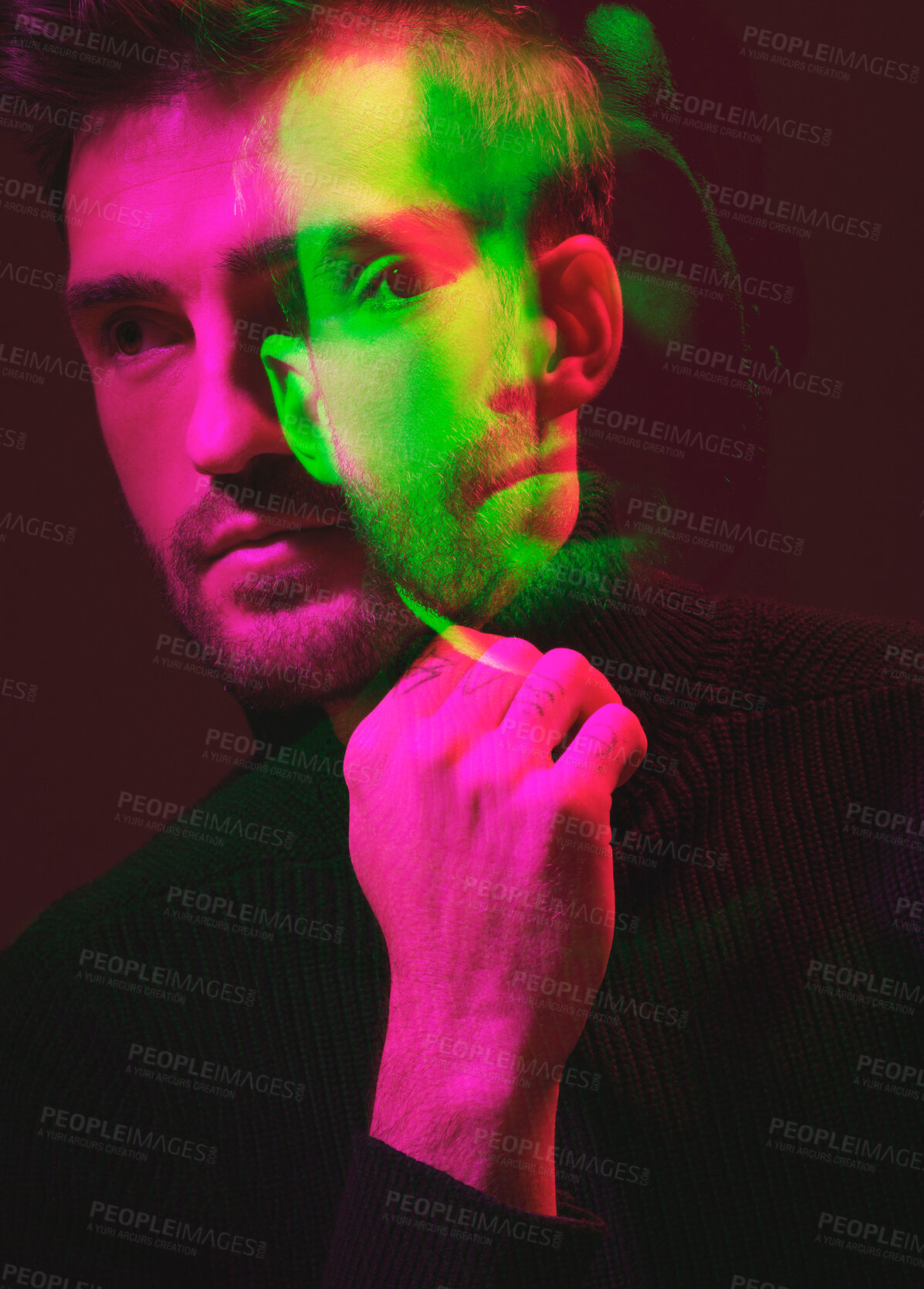 Buy stock photo Double exposure, color and portrait of a man thinking isolated on a dark background in studio. Texture, design and face of a man with colorful overlay, creativity and digital concept on a backdrop