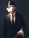 Mafia, portrait and man with smoke in a suit for fashion isolated on a dark background in a studio. Sexy, vintage and businessman looking stylish, gangster and rich while smoking on a studio backdrop