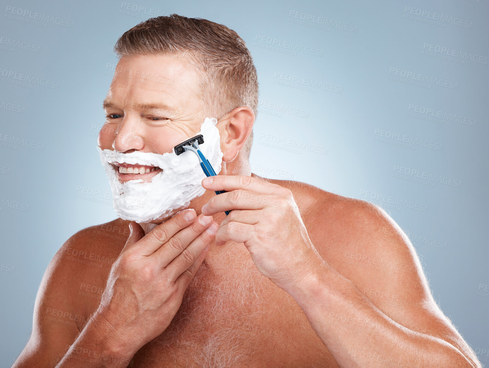Buy stock photo Face, razor and man with shaving cream in studio isolated on a gray background for hair removal. Thinking, skincare and happy senior male model with foam to shave for aesthetics, health or wellness.